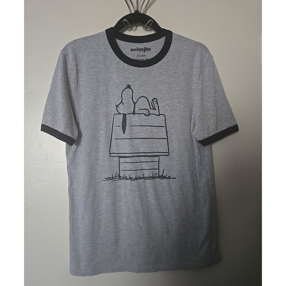 Peanuts Snoopy Doghouse Ringer T-Shirt Gray Black We Love Fine NWOT Sz Small